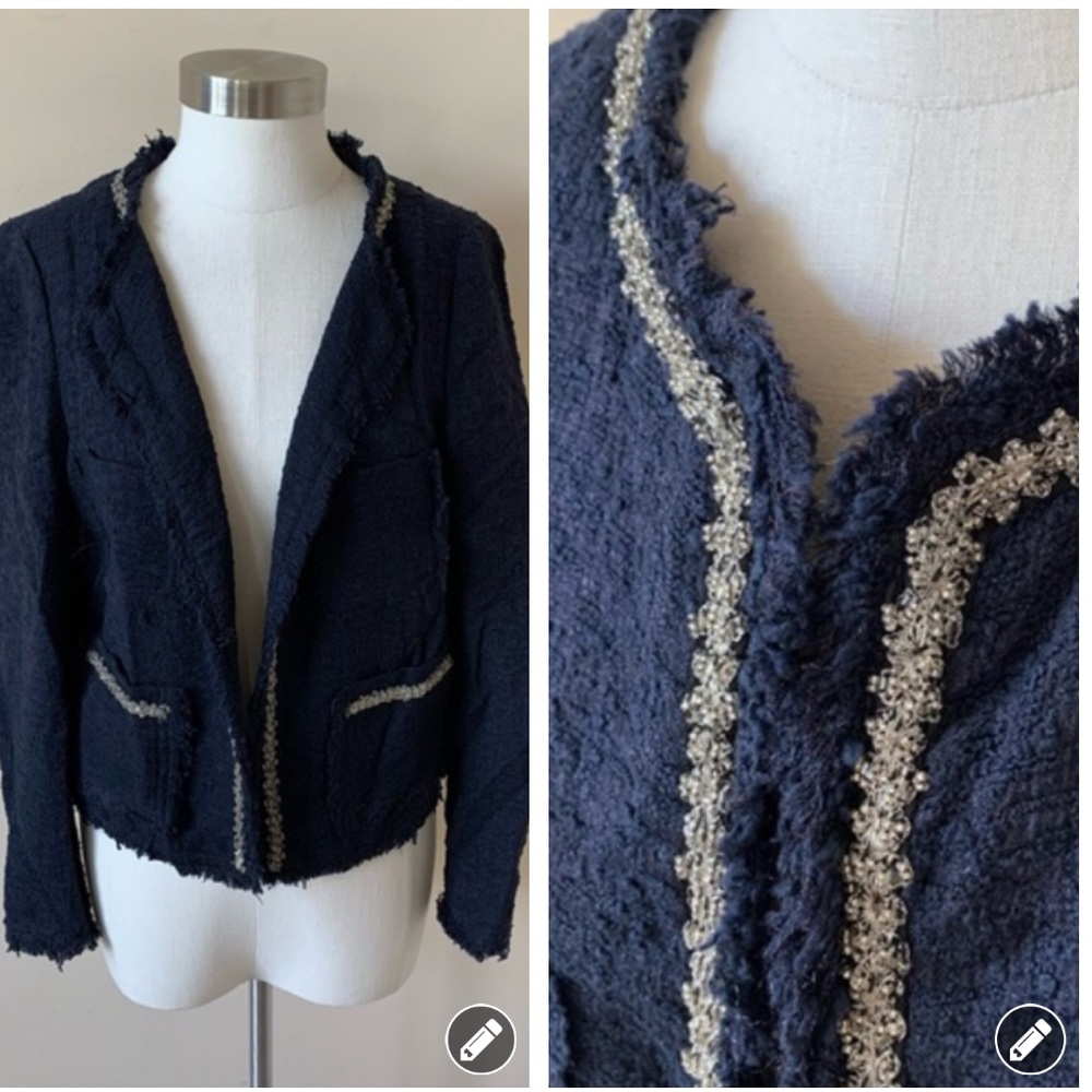 Zara Navy Tweed Fringe Jacket 7775